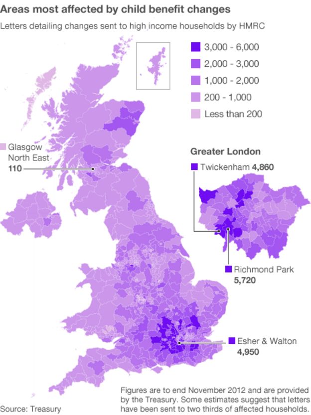 Child Benefit Address Change Map of UK showing number of letters detailing changes sent to high income households by constituency