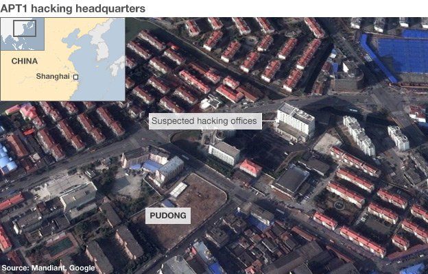 Satellite image showing the office building in Shanghai suspected of being the headquarters of the Chinese hackers
