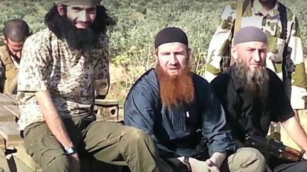 Omar al-Shishani, a Chechen, appears in a video with other foreign jihadist militants in Syria