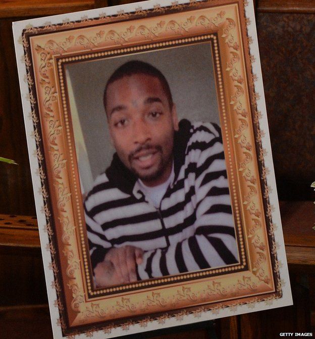 Photograph of Ezell Ford displayed at his funeral in Los Angeles on August 30, 2014.