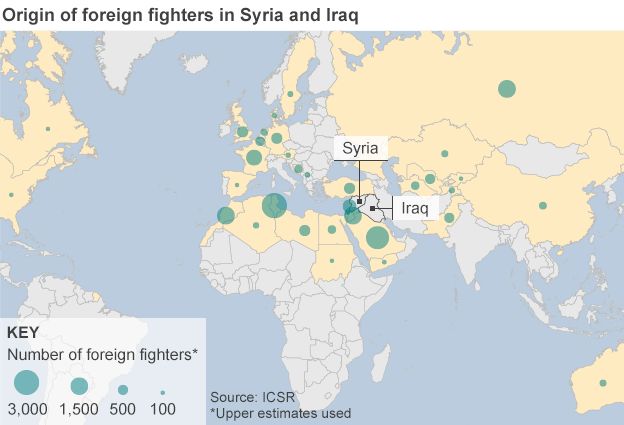 World map showing origin of foreign fighters in Iraq and Syria