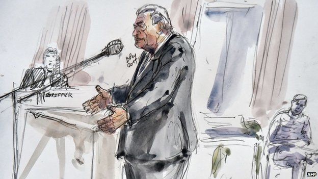 A court sketch shows former IMF chief, French Dominique Strauss-Kahn, testifying at Lille's courthouse during his trial, on February 11, 2015