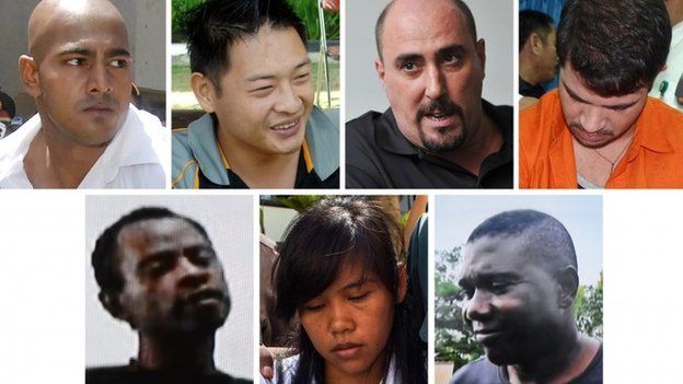 In this file combo photographs, seven foreign death row prisoners in Indonesia await execution by firing squad in Nusakambangan prison island. Top row from left, Australians Myuran Sukumaran and Andrew Chan, Frenchman Serge Atlaoui and Brazilian Rodrigo Gularte. Bottom row from left. Nigerian Raheem Agbaje Salami, Filipina Mary Jane Fiesta Veloso, and Nigerian Silvester Obiekwe Nwolise.