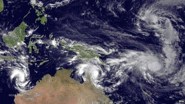 From left to right: Cyclone Olwyn in the Indian Ocean, Cyclone Nathan north-east of Queensland, Australia, and Cyclone Pam near Vanuatu - 11 March 2015