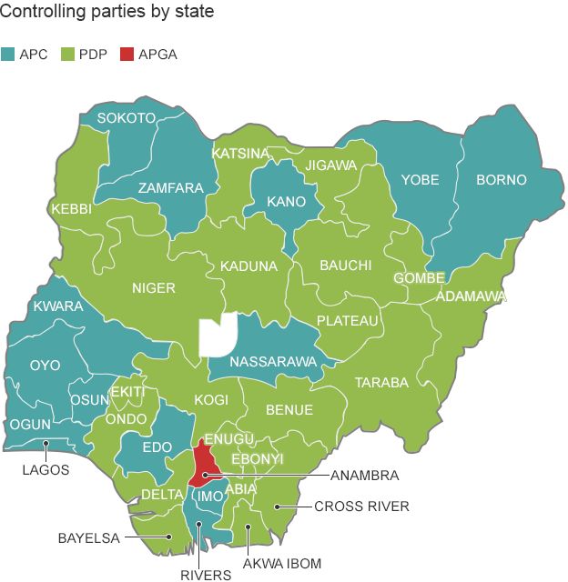 Map showing the political controlling parties by state in Nigeria