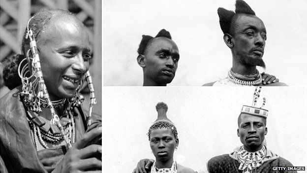 tribeswoman in headdress, two men with elaborate hairstyles and a Zulu couple