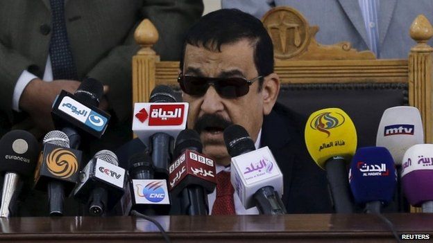 Head of Giza Criminal Court, Judge Mohamed Nagy Shehata speaks during the trial of Muslim brotherhood leaders in Cairo, April 11, 2015.