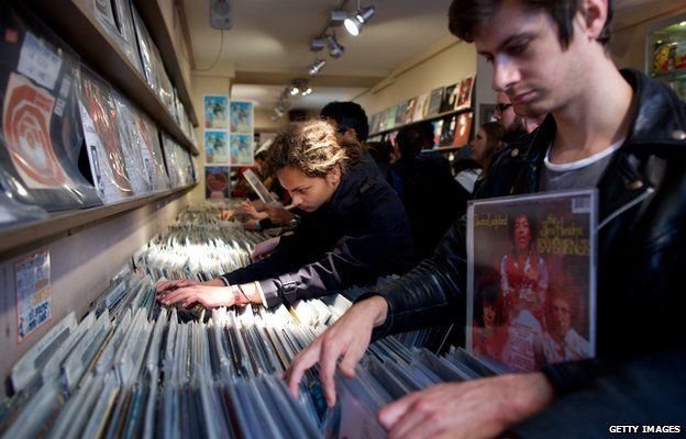 Customers in a record shop