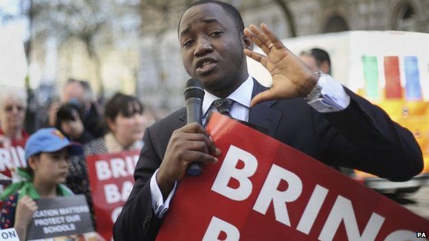 Protesters outside Nigeria House in London demonstrating for the girls abducted by Boko Haram one year ago in Nigeria, 14 April 2015