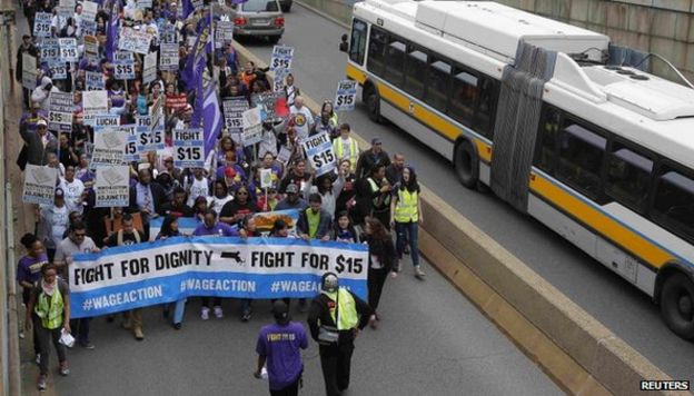 Workers protesting in Boston