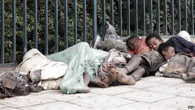 Street children sleeping on a street of Addis Ababa in Ethiopia - 2007