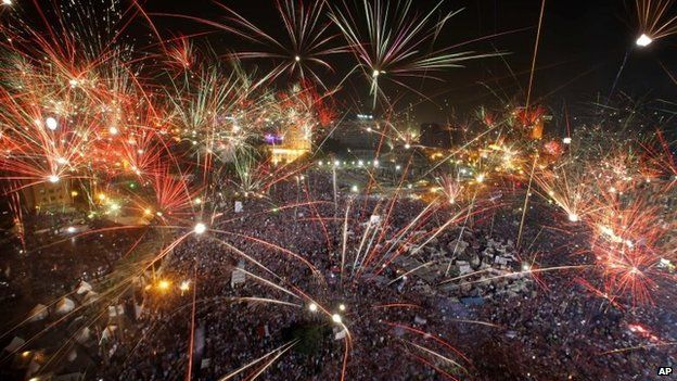 Fireworks in the sky above Tahrir Square on 3 July 2013