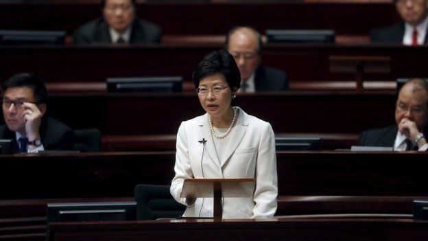 Hong Kong Chief Secretary Carrie Lam makes address on Hong Kong's political reform during a Legislative Council meeting in Hong Kong 22 April, 2015.