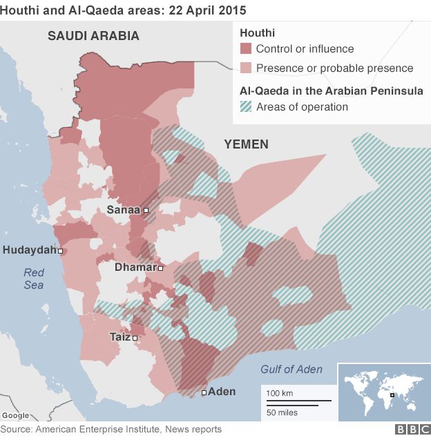 Map showing Houthi and al-Qaeda areas in Yemen (22 April 2015)