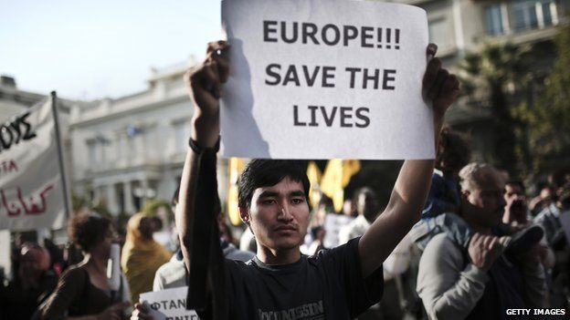 Refugees and immigrants protest in Athens against EU policies for migrants. 22 April 2015