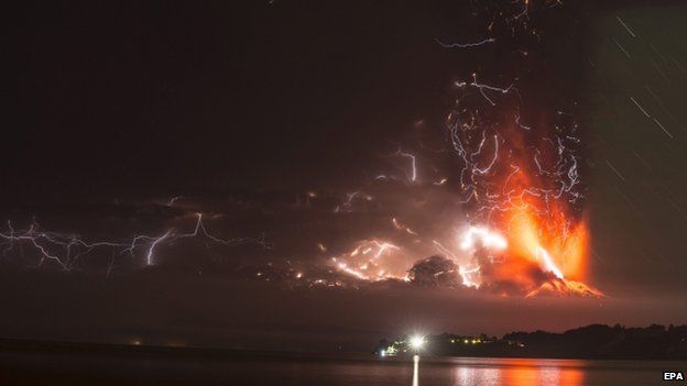 view of the Chilean Calbuco volcano from Puerto Montt, located some 1,000 km south of Santiago de Chile, Chile, 22 April 2015