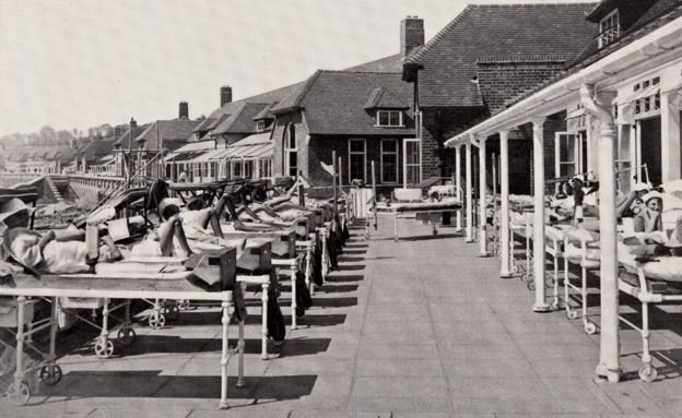 Child patients lying in the sun as part of their heliotherapy, 1937