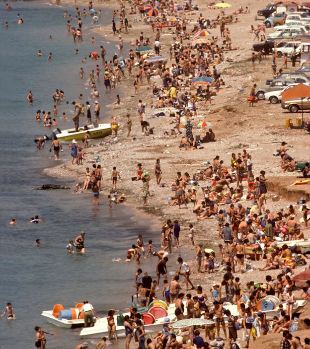 Holidaymakers on a beach in Greece, 1977