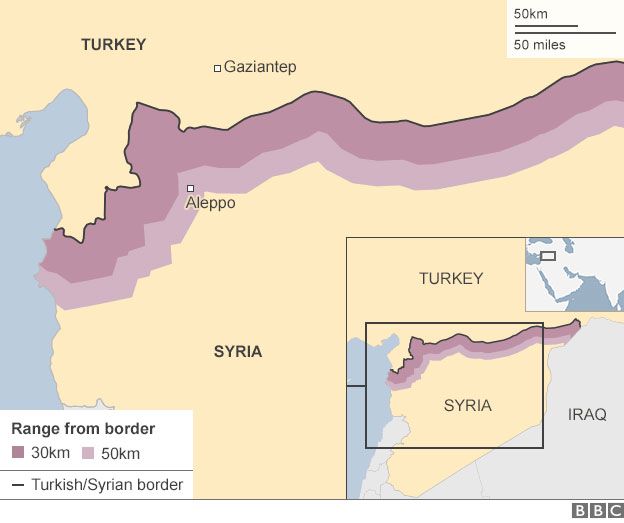 A map of the Syria Turkey border and the range of the drones