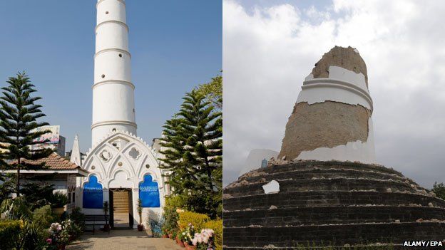 The Dharahara tower before and after the earthquake