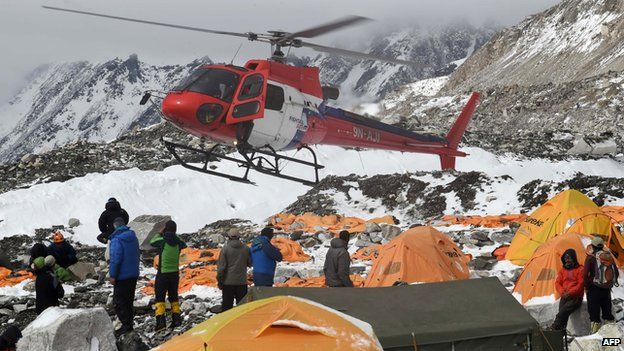 A rescue helicopter at base camp