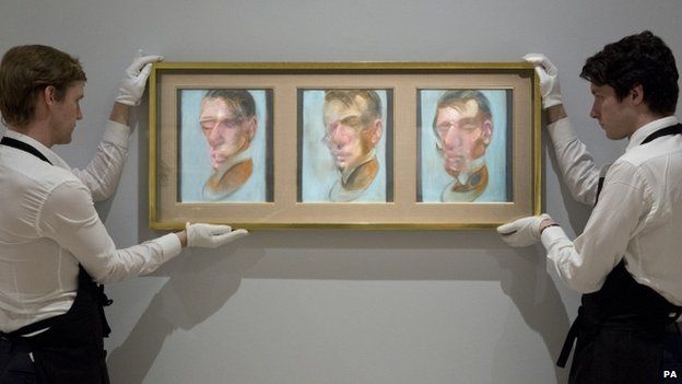 Art handlers with Three Studies for a Self-Portrait (1980) by Francis Bacon