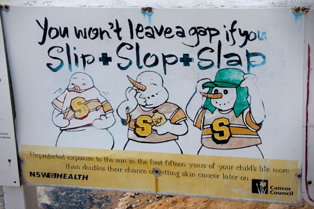 Poster in Australia advising parents to follow the slip-slop-slap code