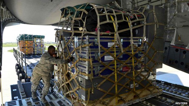 Pallet of equipment and supplies for Nepal loaded on to aircraft at Dover Air Force Base, Delaware. 28 April 2015