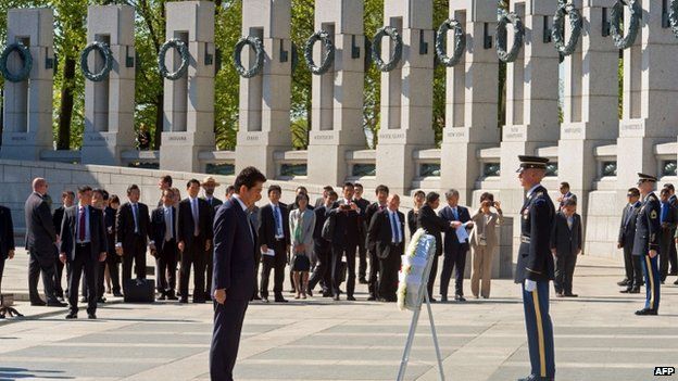 Japanese Prime Minister Shinzo Abe at National World War Two Memorial in Washington. 29 Apr 2015