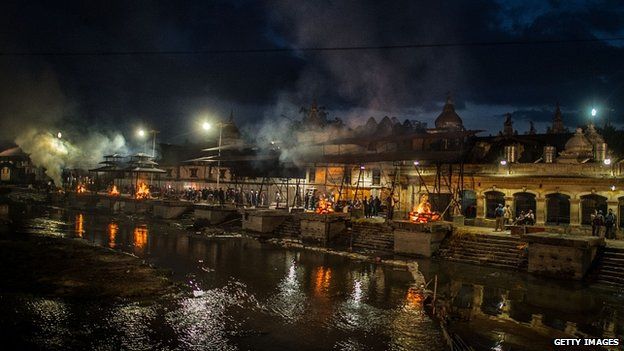 Funeral pyres at Pashupatinah Temple in Kathmandu. 30 April 2015