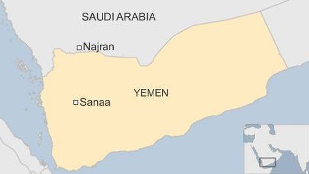 Map of Yemen, Saudi Arabia showing area of border attack