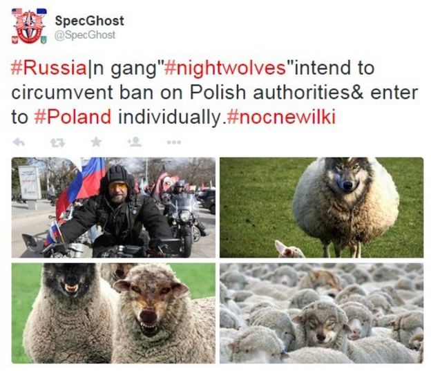 A tweet with a meme showing Night Wolves as wolves in sheep clothing.