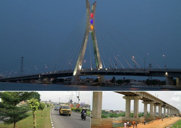 Top: Lekki-Ikoyi bridge Bottom: L - revamped road; R: light railway construction - all in Lagos, Nigeria