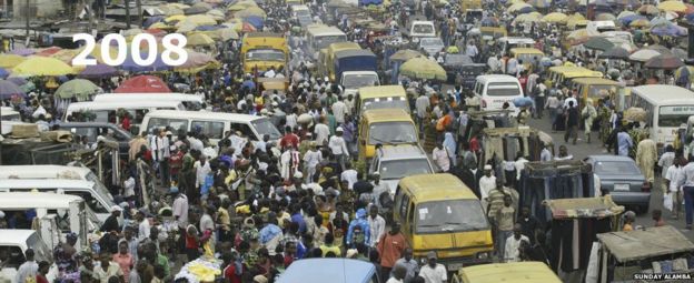 Buses and crowds in Oshodi market in Lagos, Nigeria - 2008