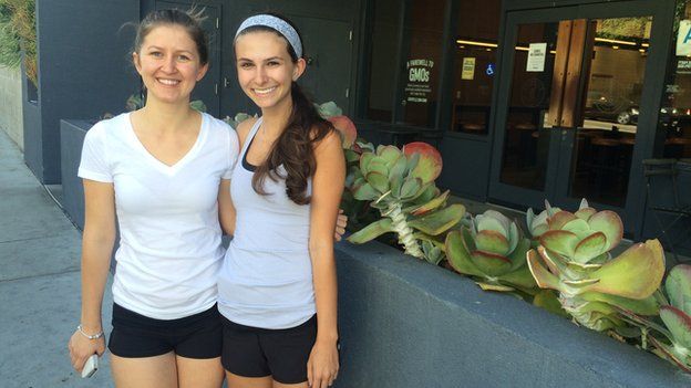 Michelle Angelis (R) and Angie Maco (L) outside a Chipotle in LA