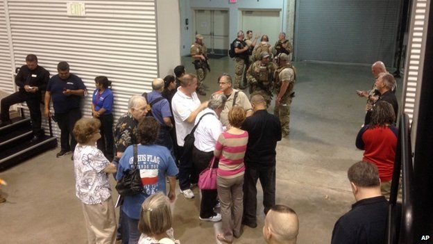 Conference attendees and police at Curtis Culwell Center in Garland, TX