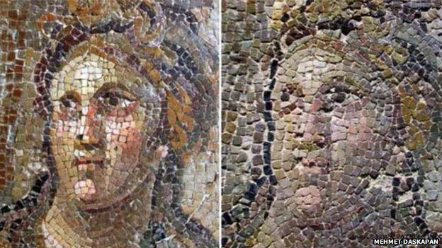 Before and after images of the mosaics