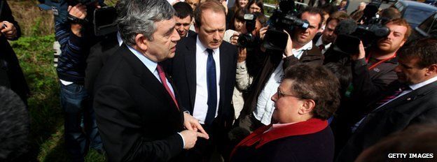 Prime Minister Gordon Brown encounters Gillian Duffy on the campaign trail in 2010