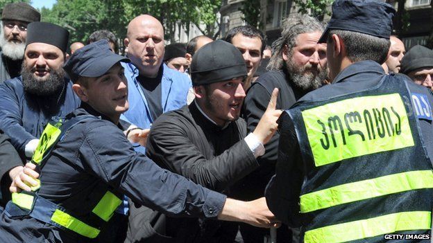 Orthodox priests protest over the gay rights march in Tbilisi on May 17, 2013