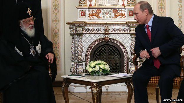 Patriarch Ilia II, the head of Georgia's Orthodox church with Russian President Vladimir Putin