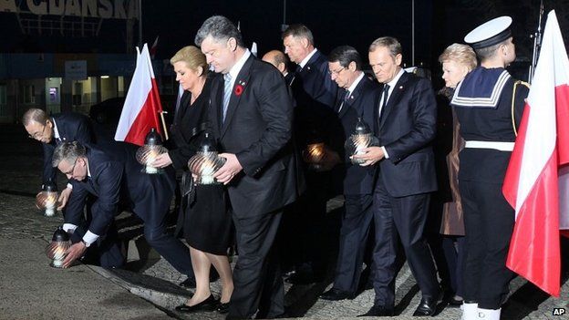 Foreign leaders taking part in a ceremony marking 70 years since the end of World War II in Gdansk, Poland, on Thursday, May 7, 2015.
