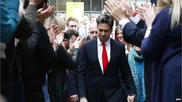 Ed Miliband returning to his party's London headquarters