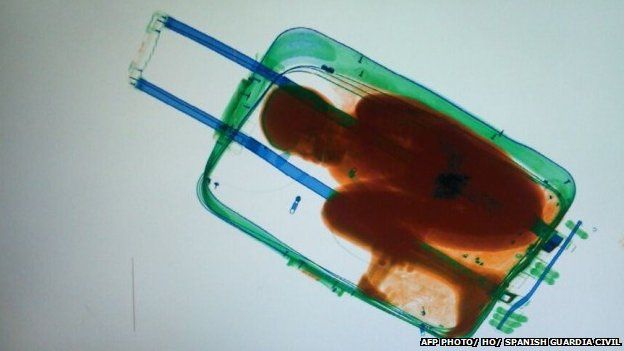 A picture provided by Spanish Guardia Civil on May 8, 2015 shows an X-ray image showing an 8-year-old boy hidden in a suitcase.
