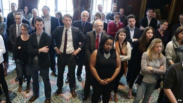 Labour Party members and supporters listen to Ed Miliband speak at One Great George Street in London, as he resigns as leader of the Labour Party 8 May 2015