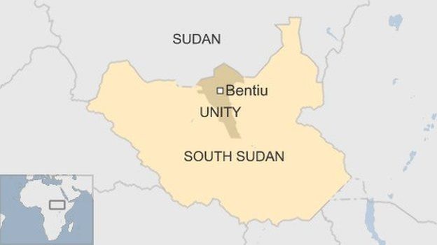 Map of South Sudan showing Unity State and Bentiu