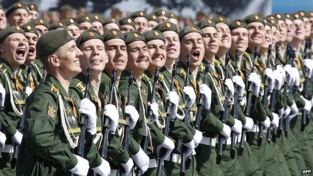 Russian soldiers march during the Victory Day parade at Red Square in Moscow, Russia, 9 May 2015