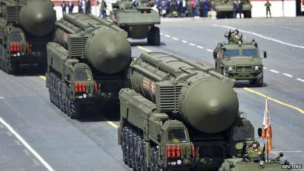 Russian RS-24 Yars/SS-27 Mod 2 intercontinental ballistic missiles drive during the Victory Day parade at Red Square in Moscow, 9 May
