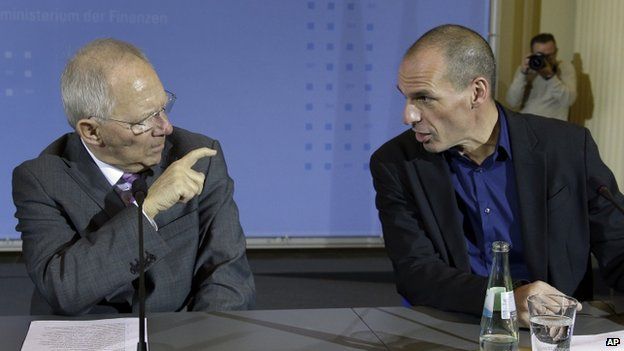 German Finance Minister Wolfgang Schaeuble and Greek Finance Minister Yanis Varoufakis (file pic)