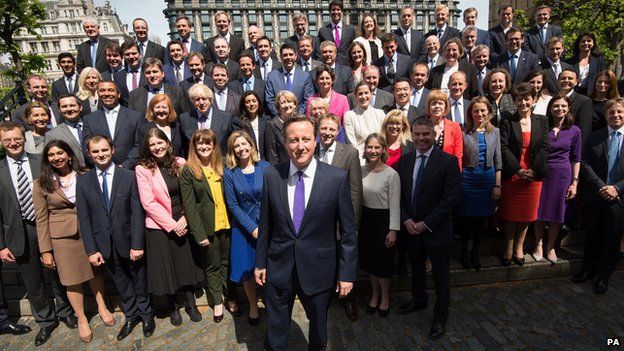 David Cameron and newly elected MPs pose inside the Palace of Westminster