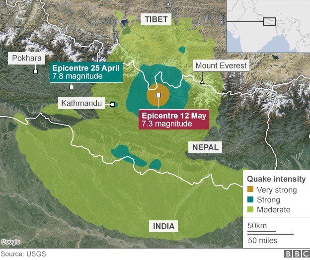 Map of Nepal showing April 25 and May 12 quakes